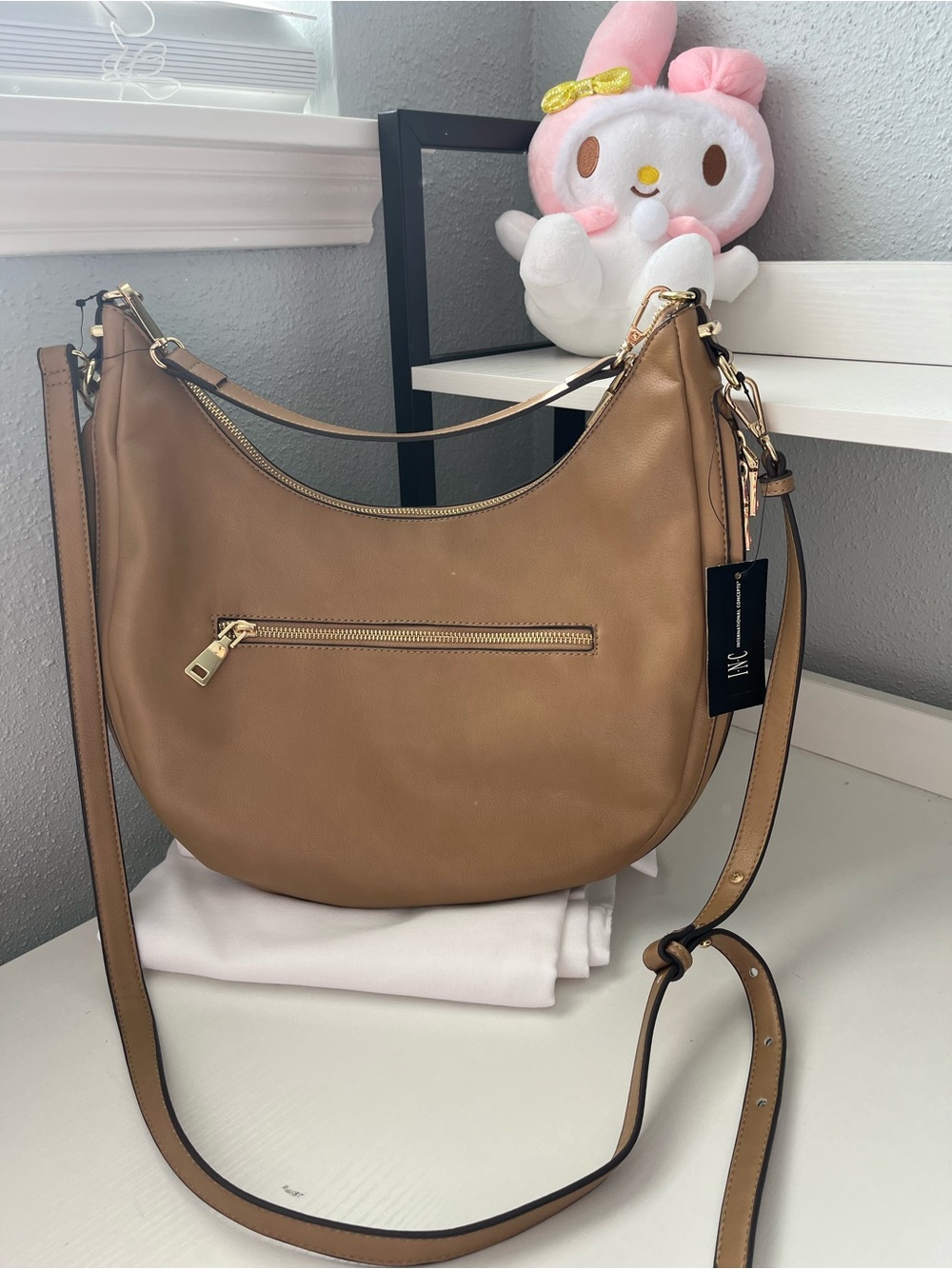 INC International Concepts Tan Shoulder Hobo Bag with Gold Hardware